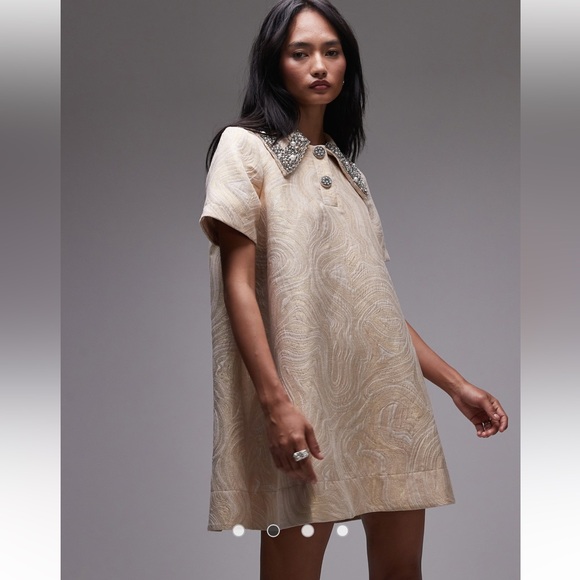 & Other Stories jacquard mini swing dress with embellished collar GOLD-Size US 6 - Picture 4 of 8